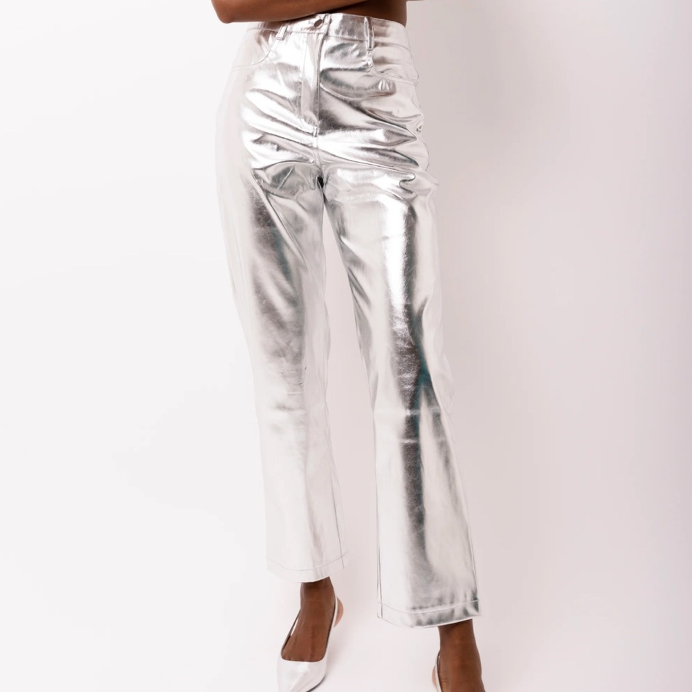 NWT Amylynn Silver Straight Leg Metallic Trousers Pants Large